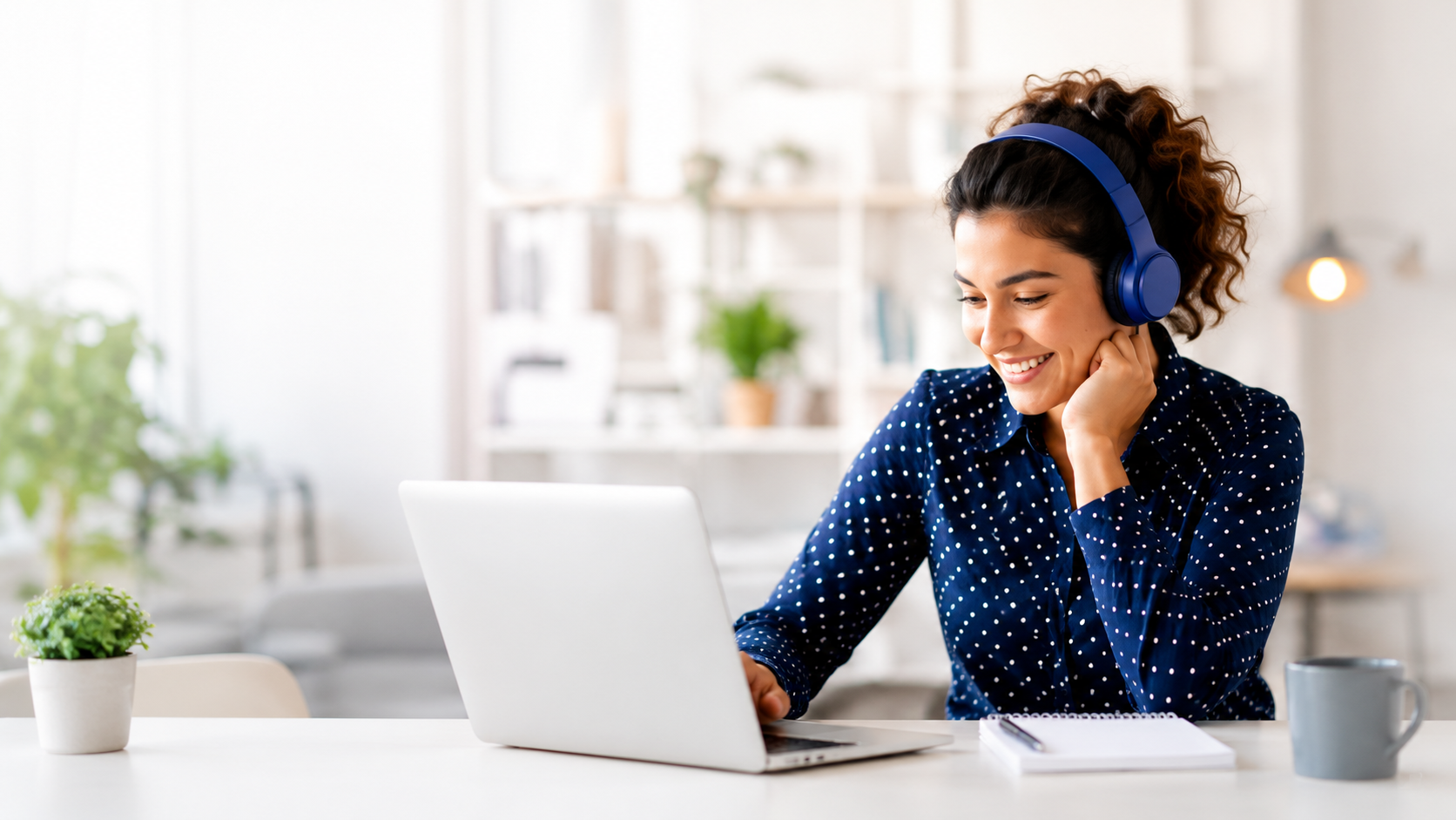Learner wearing headphones studying from an online course
